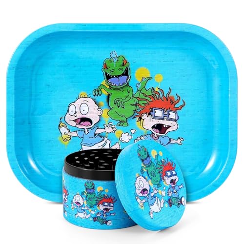 Spice mills and rolling tray set - fun patterned spice grinder with medium metal tray suitable for kitchen and everyday use blue.