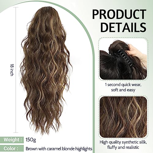 FINE PLUS Ponytail Extension Claw Synthetic Curly Wavy Claw Clip in Ponytail Hair Extensions 18INCH Curly Ponytail Extension Hair Hairpieces for Daily Party Use Dark Cool Brown Color - Image 3