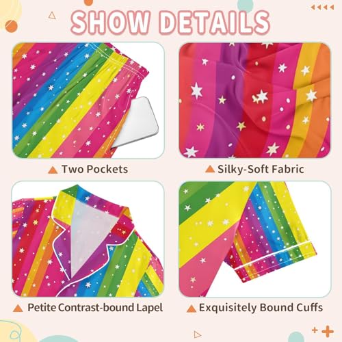 senya Rainbow Stripes Star Satin Summer Pajama Sets Silk Short Sleeve Button Down Sleepwear3