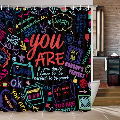 Image of iTapnoom Funny Kids Inspirational Quotes Shower Curtain, Colorful Positive Words Black Graffiti Artwork Unisex Bathroom Decor Set, Waterproof Polyester Fabric Bath Curtain with Hooks 72x72 Inch