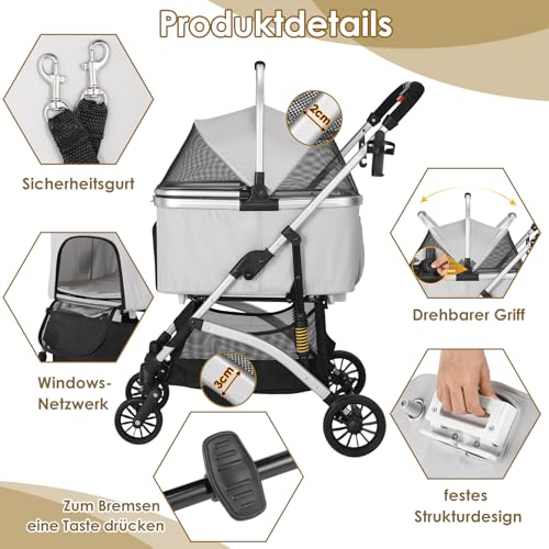 MAMIZO Hundebuggy 3 in1 Hundewagen Hundebox Transporttasche,Faltbar klappbar Katzenwagen,Bis 20kg,4 PCS 360° Verschleißfeste Gummiräder, Ablagekorb, Getränkehalter,für kleine Hunde Katz, Silber grau