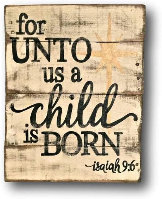 Letrero de madera con texto en inglés For Unto Us A Child is Born, decoración rústica de Navidad, letrero de Navidad religioso, decoración de mantel