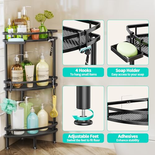 Image of HapiRm Standing Corner Shower Caddy - 3 Tier Shower Organizer Corner with Soap Holder and 4 Hooks, Rustproof Bathroom Storage Shelves with Adhesives, Black