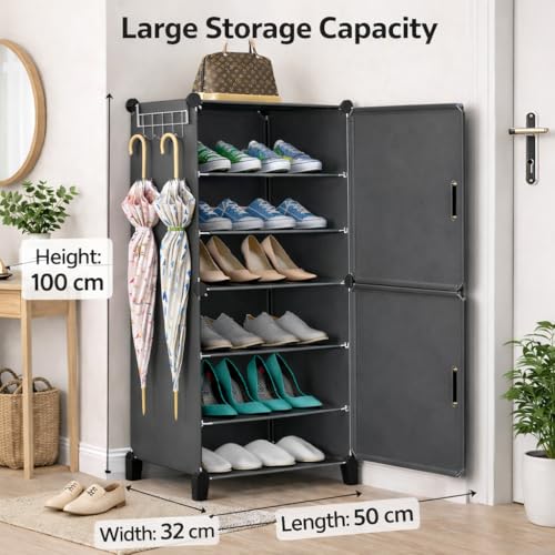 Image of EXVITO 2 Door Shoe Rack with Shelf, Folding Shoe Rack for Bedroom, Living Room,Entryway, Footwear Stand for Home, Organizer, ShoeRack Plastic | Plastic Shoes Rack for Home - Grey