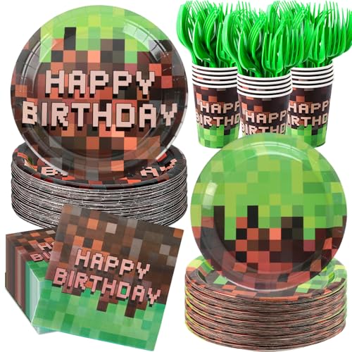 CENLBJ 120Pcs Pixel Birthday Plates and Napkins Pixel Theme Party Decorations Includes 9&7inch Paper Plates Cups Napkins Forks Party Supplies for Video Game Pixel Party Decorations Serve 24
