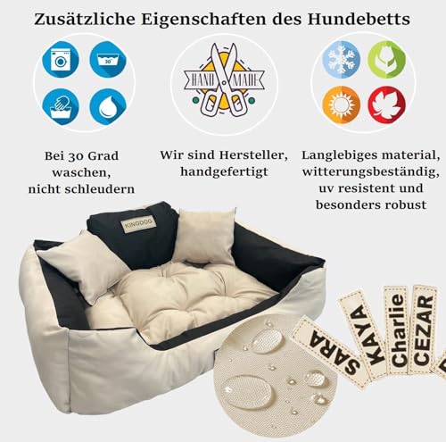 KING DOG Hundebett Mittelgroße Hunde Waschbar M 75 x 65 cm Hundekissen Haustierbett Hundekorb Personalisiert - Name des Hundes Wasserdichtes Material Silikon Füllung Beige