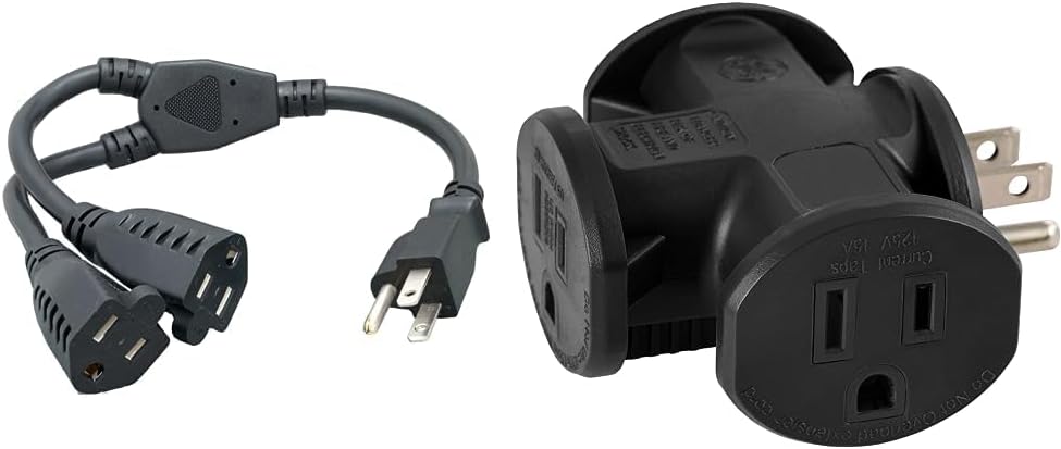 Cablelera Power Cord Extension and GE 3-Outlet Extender T-Shaped Adapter Bundle