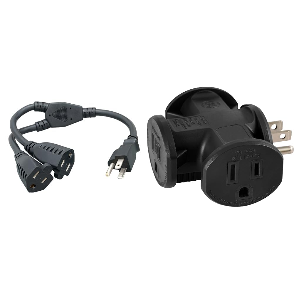Power Cord Extension and GE 3-Outlet Extender T-Shaped Adapter Bundle