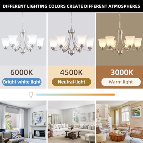 Image of 6 Lights Brushed Nickel Dining Room Light Fixture Farmhouse Modern Chandelier Pendant Light Silver Adjustable Ceiling Hanging Lighting with Frosted Glass for Kitchen Island Living Room Foyer