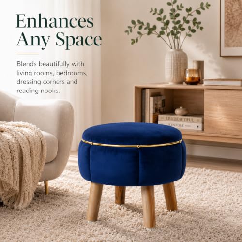 Image of Velvet Upholstered Round Ottoman Footstool | Anti-Slip Feet | Multipurpose Footrest, Step Stool & Vanity Seating & Decor | 40 x 30 cm (16 x 12 Inch) | Royal Blue