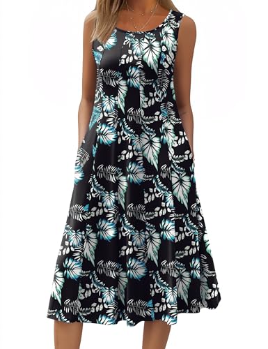 Image of HOTOUCH Summer Casual Dresses for Women Sleeveless Midi Dress Swing Tank Sundress Pleated Tshirt Dress with Pockets