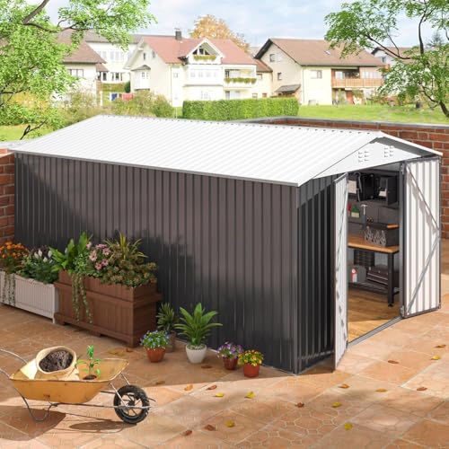 Image of AirWire 10x14 FT Metal Shed, Garden Storage Shed with Updated Frame Structure and Lockable Doors, Outdoor Heavy Duty Tool Sheds for Backyard Garden Patio Lawn, White