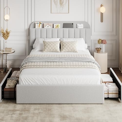 GarveeHome Queen Bed Frame with Storage Headboard, Girls Bed Frame with 2 Drawers, Boucle Upholstered Platform Bed with Bookcase, No Box Spring Needed, Easy Assembly, Grey