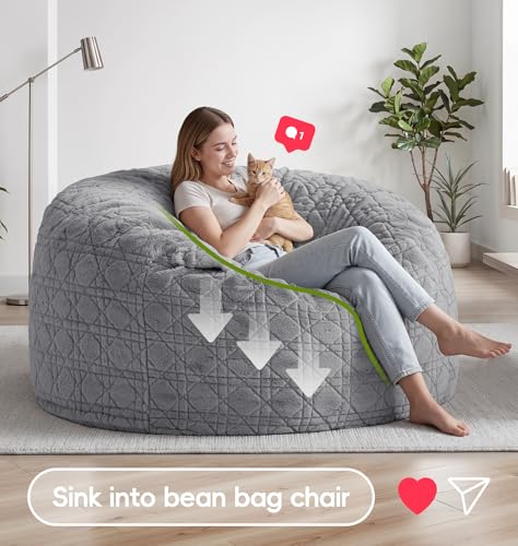 Image of 5FT Bean Bag Chair Oversized Bean Bags for Adults Large Bean Bag Beanbag Chair Washable Cover Quilted Plush Bean Bags Giant Memory Foam Bean Bag Chairs for Adults Pocket Bedrooms Living Room (Grey)