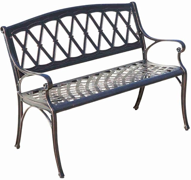 Two Seater Metal Outdoor Bench - Weatherproof, Sturdy Cast Aluminium Park Seat with Vintage Bronze Finish - Lightweight Lattice Style Garden Twin Seat Chair for Patio, Lawn & Conservatory