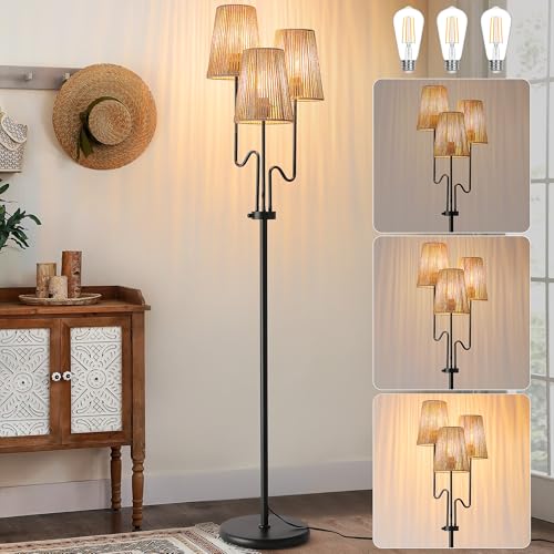Image of Dimmable Floor Lamp, 68in. Boho Floor Lamps with Natural Shade, 3-Light Tree Lamp for Coastal, Beach or Bohemian Style Decor, E26 Socket, Rotary Switch Standing Lamp for Living room, Bedroom