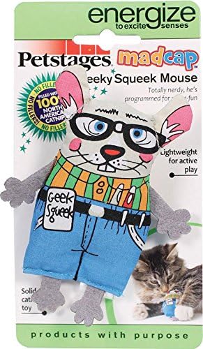 Petstages 733 Madcap Geeky Squeek Mouse Cat Catnip Toss and Bat Plush Toy