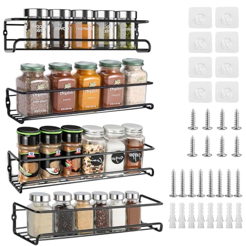 4 Niveles Especieros Cocina con Ganchos Autoadhesivos y Tornillos, Organizador Especias Pared sin Taladrar, Estanteria Colgar Condimentos, Estantes Especias para Armarios Interior,Baño,Despensa(Negro)