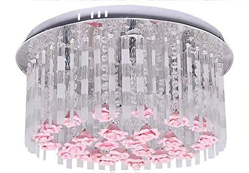 20" Flush Mount Led Light In Crystal Tube Drum Shade Pendant Light Chandeliers Lighting For Bedroom, Girls Room. Crystal Ceiling Light Fixture Flush Mount With Rose Floral Decoration #TOP2