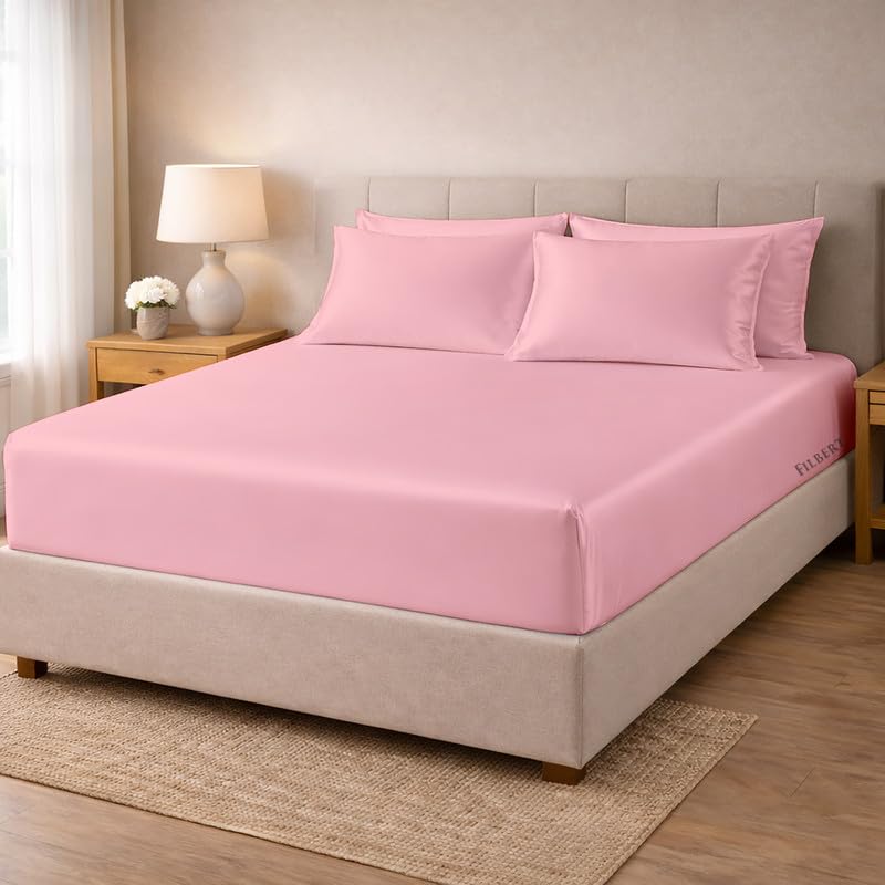 Image of Filbert - Premium Satin Fitted Bedsheet Single Bed (36x75 Inch) with 1 Pillow Cover | Hypoallergenic Breathable | Hair and Skin Friendly, Women Gift Choice|Baby Pink