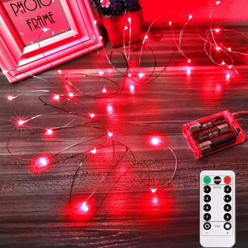 Lucine Led Decorative a Batteria,5M 50 LED Filo Luci Natale Led, Fairy Lights, 8 modalità telecomando timer luminosità regolabile per San Valentino, terrazze, Halloween, Natale, decorazione (Rosso)