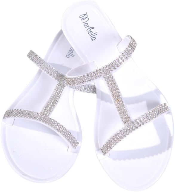 Marbella Rhinestone Mely Flat Rubber Sandals (White)