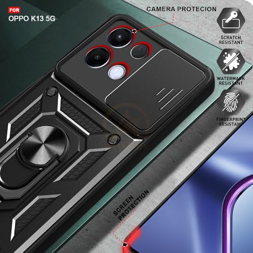 Image of Armor Bumper Back Cover Case for Oppo K13 5G Rotating Camera Cover, Ring Holder & Kickstand | Heavy Duty & 360 Degree Protection Oppo K13 5G Back Cover (Black)
