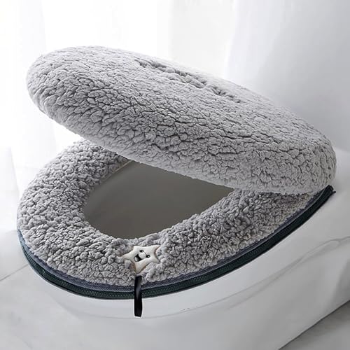 Toilet Seat Warmer Cover & Toilet Lid Cover Grey Toilet Seat Covers for Bathroom with Zipper Handle Plush Thicker Washable