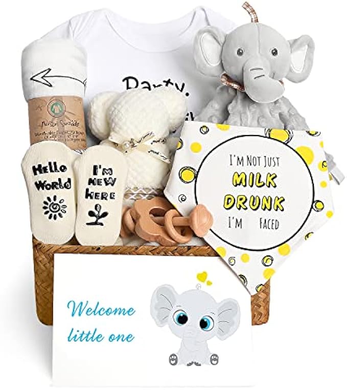 UAREHIBY Baby Shower Gifts, Neutral Baby Gift Baskets Woven Gift Box Muslin Swaddle Blankets Babies Lovey Toy Rattle Socks Bibs Onesies Infant Gift Essentials, Newborn Baby Gifts for Girls Boys