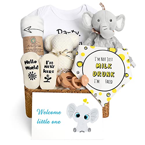 UAREHIBY Baby Shower Gifts, Neutral Baby Gift Baskets Woven Gift Box Muslin Swaddle Blankets Babies Lovey Toy Rattle Socks Bibs Onesies Infant Gift Essentials, Newborn Baby Gifts for Girls Boys