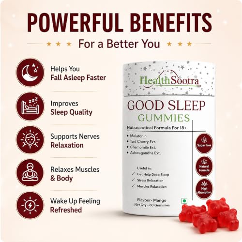 Image of Melatonin 5mg Sleep Gummies for Adults | 60 Gummies | Mango Flavour | Sugar Free Supplement with Melatonin, Chamomile, Tart Cherry & Ashwagandha Extract | Chewable Gummy for Night Routine