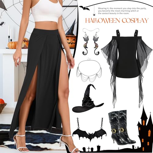 Zando Women's Double Slit Maxi Skirt - High Elastic Waist Flowy Long Split Skirt3