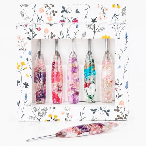 Image of Katech 5 PCS Crochet Hook Set with Case (2.5mm, 3.0mm, 3.5mm, 4.0mm, 4.5mm) | Hand-Polished Stainless Steel Crochet Hooks with Dried Floral Grip, Ergonomic Crochet Hook for Arthritic Hands & Beginners