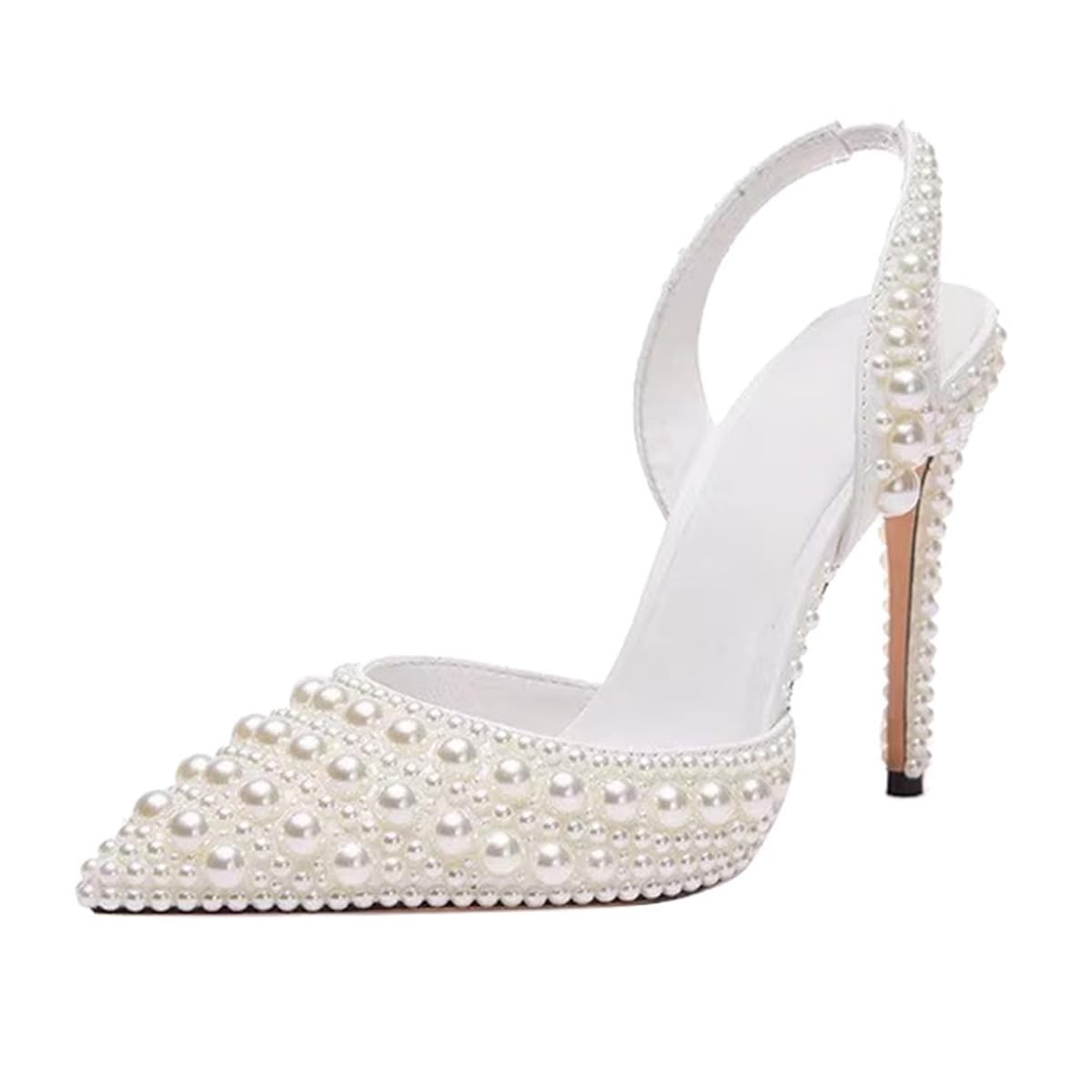 Goolita Pearl Slingback Heels for Women, Pointed Closed Toe Slip On Heeled Sandals Stiletto Heel Evening Bridal Shoes for Wedding