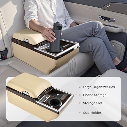 Image of Coverado Center Console, Universal Bench Seat Center Console, Truck Back Seat Car Organizer with Cup Holder, Rear Central Car Armrest Box with Storage, Beige
