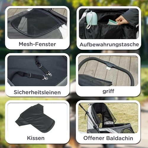 PawHut Hundewagen Hundebuggy klappbar für große Hunde & Katzen bis 30 kg Katzenbuggy mit Kissen Netzfenstern Türen Aufbewahrungstasche Katzenwagen Buggy Dunkelgrau