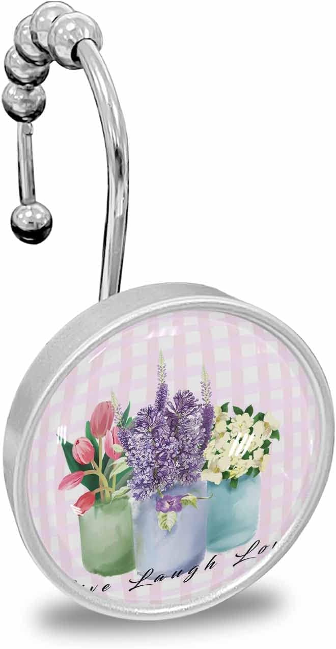 Shower Curtain Hooks 12 Pcs, Farmhouse Flower Floral Lavender Vase Pink Plaid Stainless Steel Rust Proof Rolling Shower Curtain Rings, Decorative Shower Curtain Hooks Hangers for Bathroom