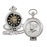 Coin Pocket Watch with Skeleton Quartz Movement | 1964 Silver JFK Half Dollar | Genuine U.S. Coin |