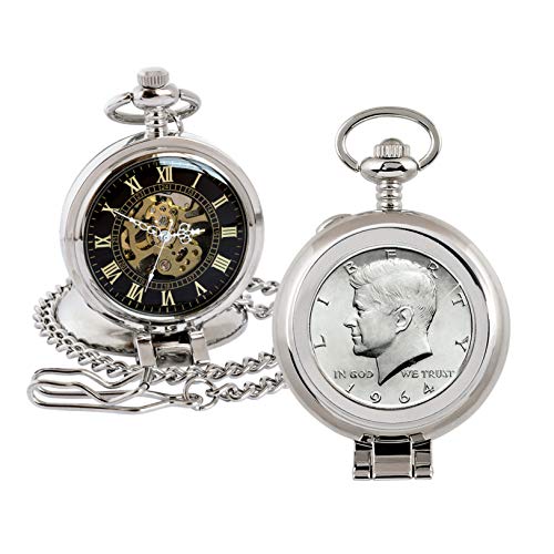 Coin Pocket Watch With Skeleton Quartz Movement | 1964 Silver Jfk Half Dollar | Genuine U.s. Coin | Sweeping Second Hand, Roman Numerals | Silvertone Case | Certificate Of Authenticity #TOP10