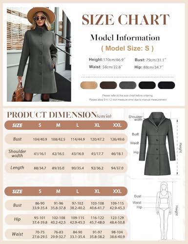 RITOSTA Mantel Damen Wintermantel Lang Winterjacke Klassischem Wintercoat Revers Übergangsjacke Knielang Trenchcoat Elegant Jacke Herbst Winter Outwear mit Knopf(Dunkelgrau,L)