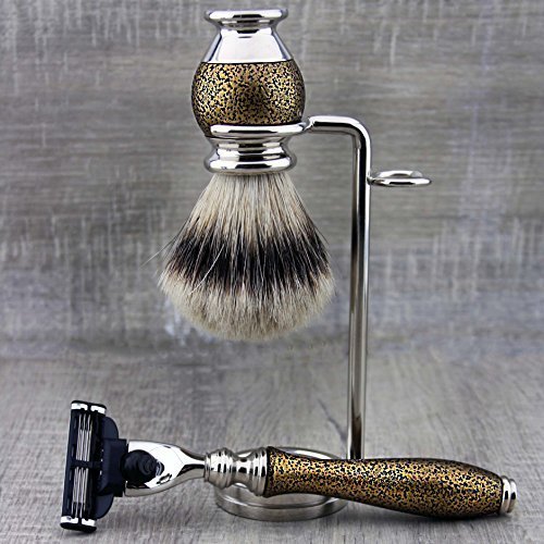 Haryali London Golden Antique 3 Edge zestaw do golenia, pędzel do golenia, stojak do golenia i ołówek Alaun Pencil