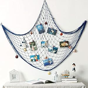 Decoratief visnet met schelpen, mediterraan decoratief visnet, nautisch visnet wanddecoratie met schelpen en houten vlotter