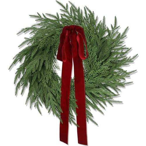 ENVEN Artificial Norfolk Pine & Cedar Christmas Wreath with Velvet