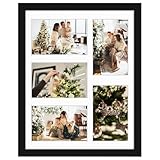 11x14 Black Wooden Frame with White Mat - Displays Five 4x6 Photos - Real Glass, Sawtooth Hangers, Flexible Metal Tabs - Wall Mounting, Landscape, Portrait