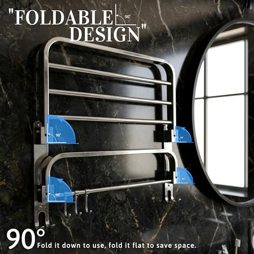 Image of Gloxy Premium 18 Inch Towel Holder in Bathroom - Stainless Steel Towel Rack & Folding Bathroom Hangers for Clothes with Chrome Finish - Wall Mounted Towel Stand with Multipurpose Hooks