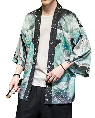 Image of Men's Japanese Kimono Robe Jacket Lightweight 3 /4 Sleeve Open Front Yukata | Silky Smooth Fashion Print Happi Coat Lightweight Breathable Loose Unisex Haori Casual Summer Cardigan Daily Beach Vacation