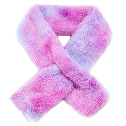 Kids Winter Rainbow Scarf Gradient Cross Tie Collar Fluffy Fur Plush Shawl Wrap Neck Warmer for Toddler Girls Boys