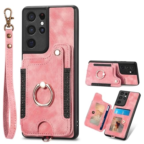 Étui Galaxy S21 Ultra rouge idéal pour voyager léger grâce au portefeuille avec dragonne