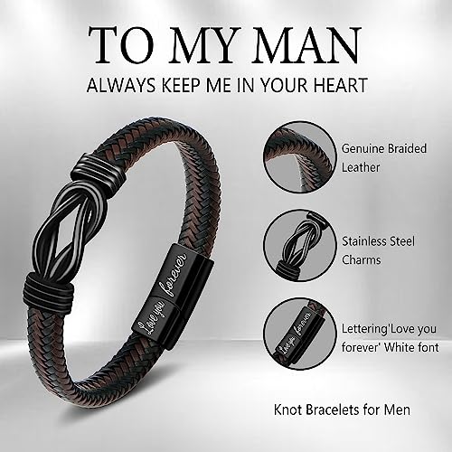 𝗞𝗻𝗼𝘁 𝗕𝗿𝗮𝗰𝗲𝗹𝗲𝘁 𝗚𝗶𝗳𝘁𝘀 𝗳𝗼𝗿 𝗠𝗲𝗻 Brown Braided Leather Stainless Steel Infinity Bracelets Lettering Love You Forever Gifts for Son Grandson Husband Boyfriend Brother Always Linked Together4