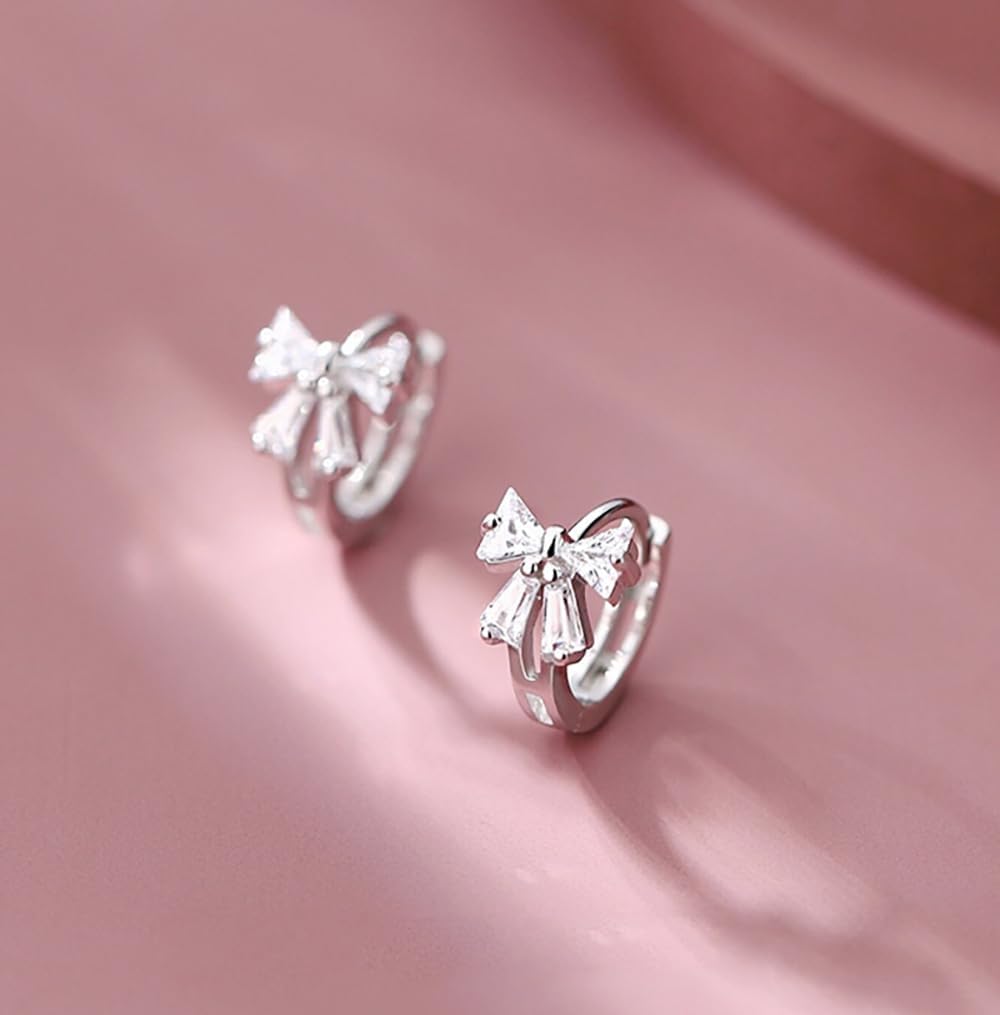 Reffeer Solid 925 Sterling Silver CZ Bow Hoop Earrings Ribbon for Women Teen Girls Small Bowknot Hoop Earrings Cartilage